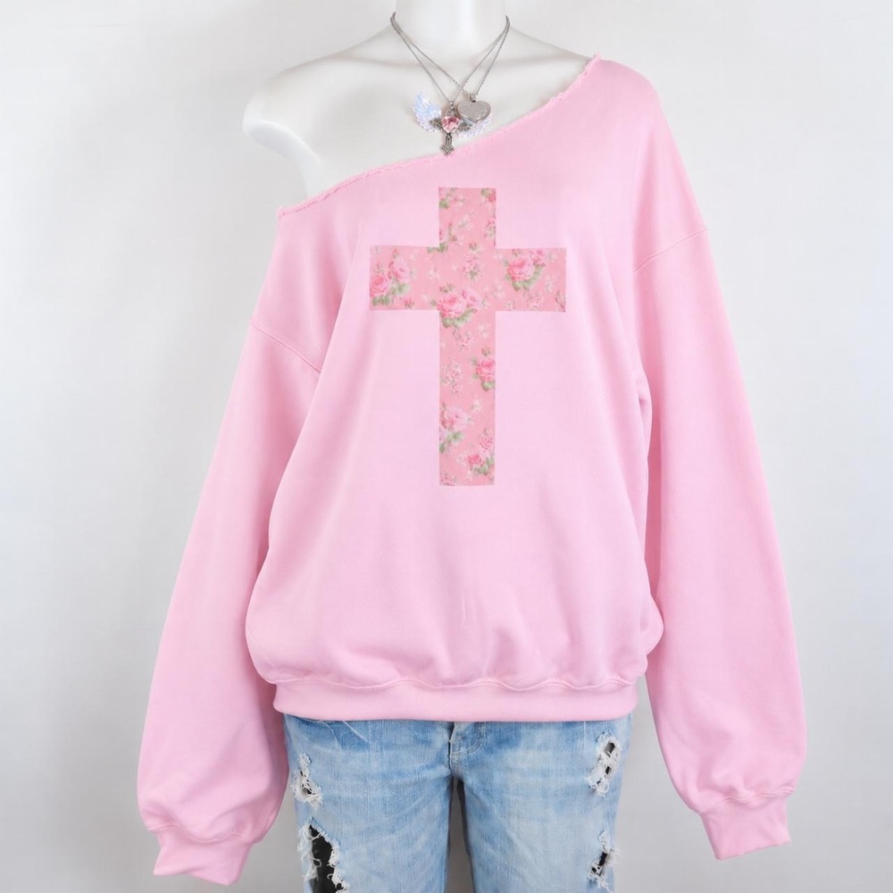 pink floral cross off shoulder sweatshirt 2014 tumblr aesthetic